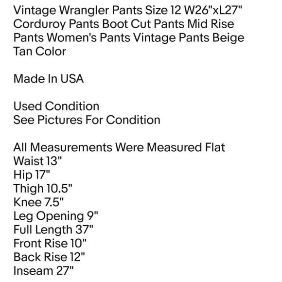 Vintage Wrangler Pants Size 12 W26"xL27" Corduroy Pants Boot Cut Pants Mid Rise - Picture 2 of 7
